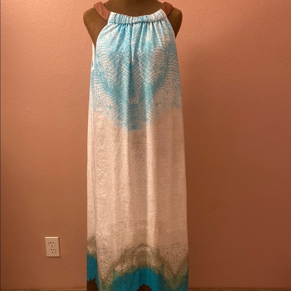 CHICOS. Blue and White Halter Maxi Dress